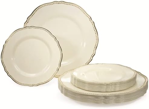  " OCCASIONS " 120 Plates Pack,(60 Guests) Heavyweight Premium Wedding Party Disposable Plastic Plates Set -60 X 10.25'' Dinner + 60 X 7.5'' Salad/Dessert (Rochelle Seafoam/Mint And Gold))