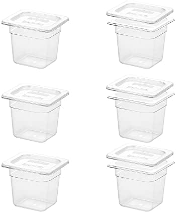  BIEAMA 6 Pack Food Pans With Lids, 1/6 Size 4'' Deep, Polycarbonate, Clear