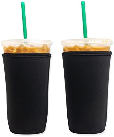  Axendale And Co Reusable Neoprene Insulator Sleeves For Large Sized Iced Coffee And Cold Drink Cups (2 PK Large 32oz, Black Smooth)