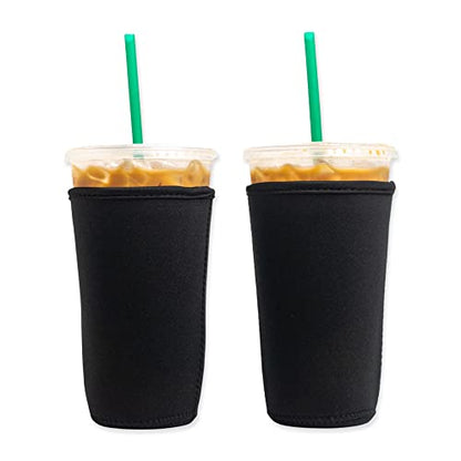 Axendale And Co Reusable Neoprene Insulator Sleeves For Large Sized Iced Coffee And Cold Drink Cups (2 PK Large 32oz, Black Smooth)