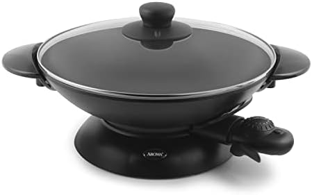  EW-306 Electric Wok With Tempered Glass Lid Easy Clean Nonstick, Cooking Chopsticks, Tempura And Steaming Racks, Professional Model, Black
