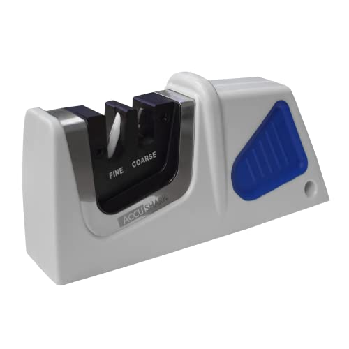  CcuSharp Compact Pull Through Knife Sharpener - Travel Sized 2 Stage Knife Sharpener For Kitchen Knives, Hunting Knives - Straight Or Serrated Blades - Diamond-Honed Tungsten Carbide - White/Blue