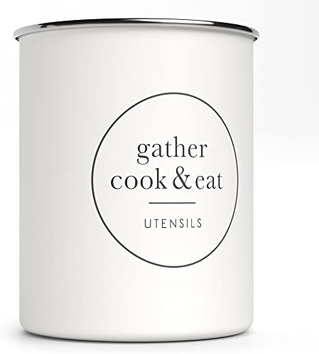  White Utensil Holder For Kitchen Countertop, Farmhouse Metal Utensil Crock, Rustic Country Decorative Kitchen Utensil Caddy Large, 5.5x6.75