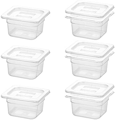  BIEAMA 6 Pack Food Pans With Lids, 1/6 Size 4'' Deep, Polycarbonate, Clear