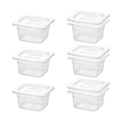 BIEAMA 6 Pack Food Pans With Lids, 1/6 Size 4'' Deep, Polycarbonate, Clear