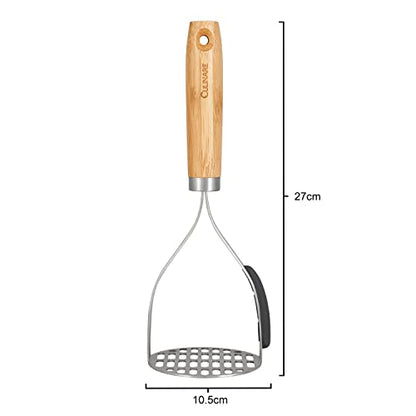  Ulinare Naturals C70008 Masher | Sustainable Bamboo/Stainless Steel | (L)270mm X (W)105mm | Manual Hand Held Mashing Tool/Kitchen Utensil | Metal Masher/Includes Pan Scraper | Not Dishwasher Safe