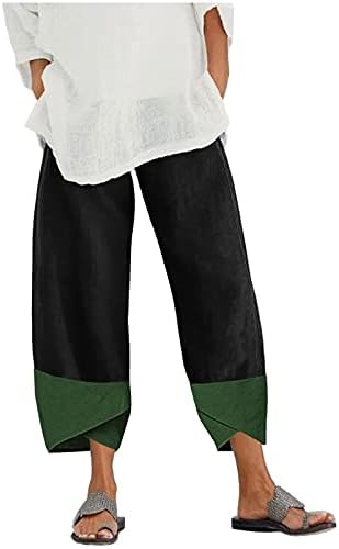  Kingspinner Capri Pants For Women Plus Size Cotton Linen Flowers Printed Pants Pockets Cotton Linen Elastic Waist Trousers