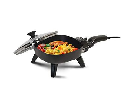  FS-400# Personal Stir Fry Griddle Pan, Rapid Heat Up, 600 Watts Non-stick Electric Skillet With Tempered Glass Lid, Black