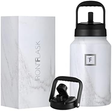  Ports Water Bottle - 128 Oz/One Gallon, 2 Lids, Straw And Spout, Leak Proof, Vacuum Insulated Stainless Steel, Hot Cold, Double Walled, Simple Thermo Mug, Metal Canteen Jug Growler