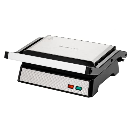  Vente Electric Panini Press Grill And Sandwich Maker With Nonstick Coated Plates, Opens 180 Degrees For Any Food, 1000W Thermostat Control Removable Drip Tray And Easy To Clean Grids, Silver GP0540BR
