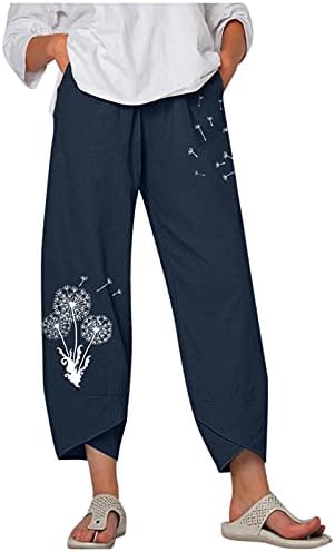  Capri Pants For Women Plus Size Cotton Linen Pockets Wide Leg Trousers Graffiti Print Relex Fit Beach Cropped Pants