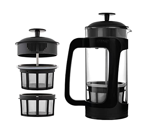  - P3 French Press - Double Micro-Filtered Coffee And Tea Maker, Grit-Free And Bitterness-Free Brews, Durable Stainless Steel Frame, Ideal For Loose Tea And Coffee Grounds - (Black, 32 Oz)