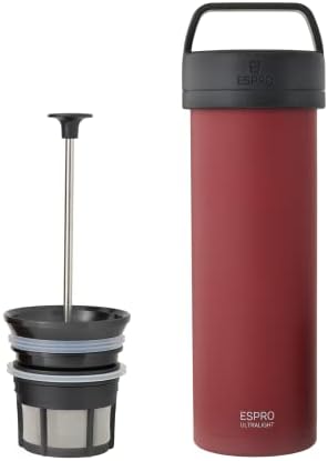  - P0 Ultralight French Press - Double Walled Stainless Steel Vacuum Insulated Coffee And Tea Maker, Portable And Durable Coffee Press For Travel, Camping, And Everyday Use - 16oz, (Cranberry)