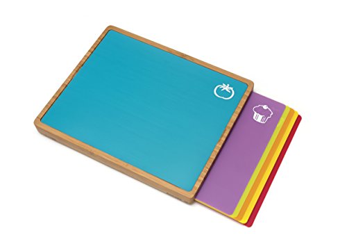  Bamboo Wood Cutting Board With 6 Colored Poly Inlay Mats, 16" X 13-1/8" X 1-5/8"