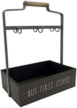  Coffee Mug Holder - 6 Hook Coffee Cup Rack With Rectangular Rustic Style Crockery Holder - Storage Or Display - Mug Stand Organizer For Kitchen Counter Or Cafe Countertop - But First Coffee