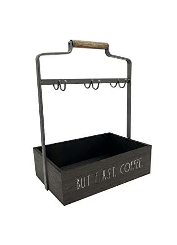  Coffee Mug Holder - 6 Hook Coffee Cup Rack With Rectangular Rustic Style Crockery Holder - Storage Or Display - Mug Stand Organizer For Kitchen Counter Or Cafe Countertop - But First Coffee