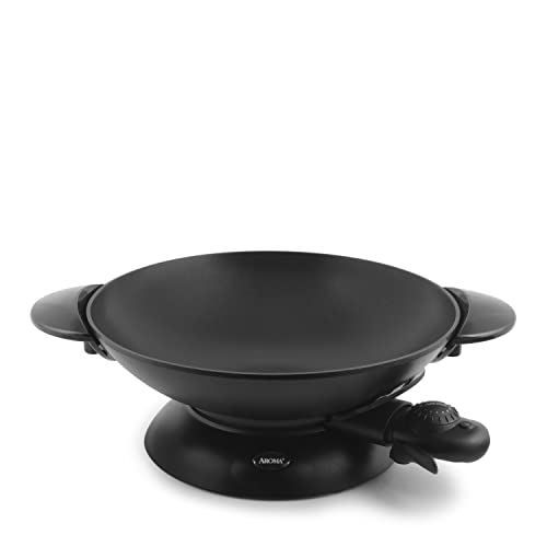  EW-306 Electric Wok With Tempered Glass Lid Easy Clean Nonstick, Cooking Chopsticks, Tempura And Steaming Racks, Professional Model, Black