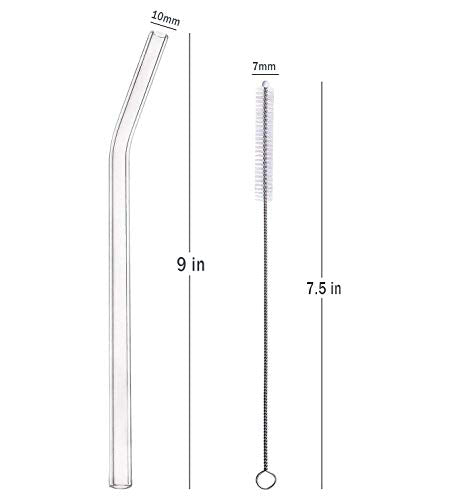  Glass Smoothie Straws, Reusable Clear Bent 9 In X 10 Mm Drinking Straws, Set Of 4 With Cleaning Brush