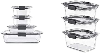 Rubbermaid 8-Piece Brilliance Glass Food Storage Containers With Lids For Lunch, Meal Prep, And Leftovers, Dishwasher And Oven Safe, Clear/Grey