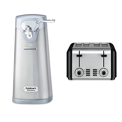  SCO-60 Deluxe Electric Can Opener, Stainless Steel & 4 Slice Toaster By Cuisinart, Compact Toaster For Toast, Bagels, Defrost, Reheat & More, Stainless Steel/Black, CPT-340P1