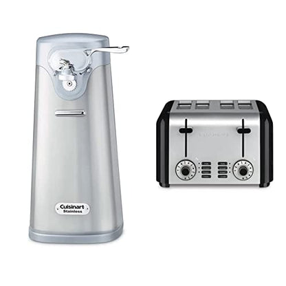  SCO-60 Deluxe Electric Can Opener, Stainless Steel & 4 Slice Toaster By Cuisinart, Compact Toaster For Toast, Bagels, Defrost, Reheat & More, Stainless Steel/Black, CPT-340P1