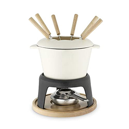  Twine Farmhouse Kitchen Enamel Cast Iron Fondue Set Cheese Melting Pot Metal Stand With Stainless Steel Forks And Chrome Gel Burner, 8.5", Off-Cream