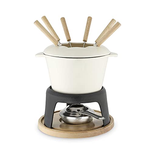  Twine Farmhouse Kitchen Enamel Cast Iron Fondue Set Cheese Melting Pot Metal Stand With Stainless Steel Forks And Chrome Gel Burner, 8.5", Off-Cream