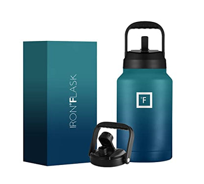  Ports Water Bottle - 128 Oz/One Gallon, 2 Lids, Straw And Spout, Leak Proof, Vacuum Insulated Stainless Steel, Hot Cold, Double Walled, Simple Thermo Mug, Metal Canteen Jug Growler