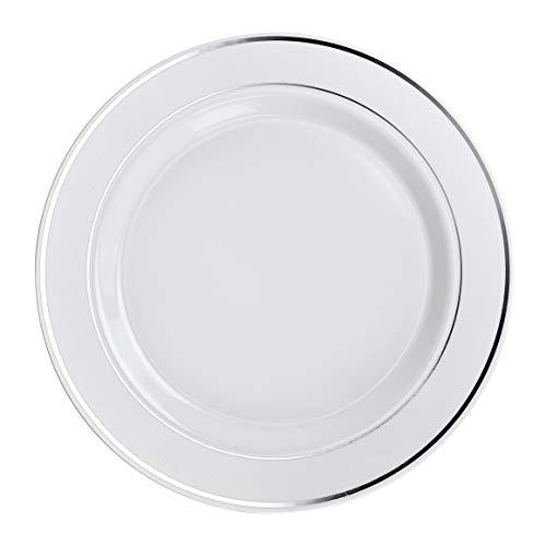  " OCCASIONS " 600 Pcs Set & 120 Guest Wedding Disposable Plastic Plate & Silverware Combo Set (White & Silver Rim Plates, Silver Silverware)