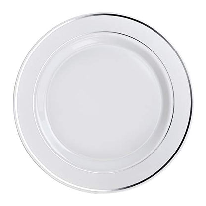  " OCCASIONS " 600 Pcs Set & 120 Guest Wedding Disposable Plastic Plate & Silverware Combo Set (White & Silver Rim Plates, Silver Silverware)