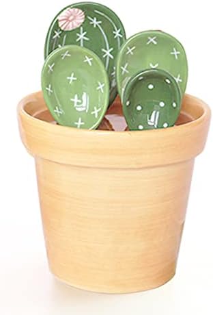  Ceramic Cactus Measuring Spoons Set In Pot Organizer, 5 Pieces Cute Measuring Cups And Spoons Set For Kitchen Dry Wet Measuring Liquid Food Salt And Sugar Kawaii Small Cacti Spoon With Base Cup