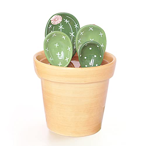  Ceramic Cactus Measuring Spoons Set In Pot Organizer, 5 Pieces Cute Measuring Cups And Spoons Set For Kitchen Dry Wet Measuring Liquid Food Salt And Sugar Kawaii Small Cacti Spoon With Base Cup
