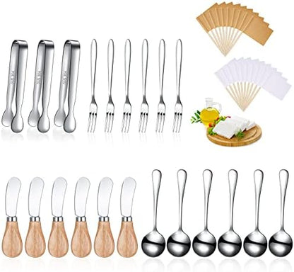  14 Pieces Cheese Butter Spreader Set Charcuterie Accessories Stainless Steel Knives With Wooden Handles Charcuterie Boards Utensils Mini Serving Tongs Spoons And Forks(Yellow)