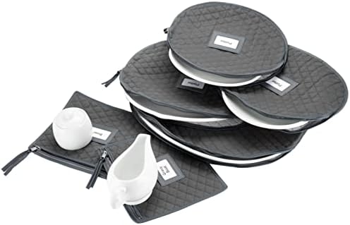  Fine China Storage - Set Of 4 Quilted Cases For Dinnerware Storage. Sizes: 12" - 10" - 8.5" And 7" Long - Gray - Quilted Fabric Container With 48 Felt Plate Separators Included