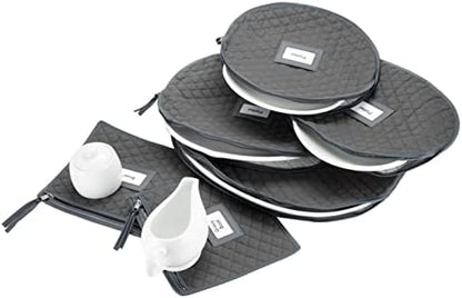  Fine China Storage - Set Of 4 Quilted Cases For Dinnerware Storage. Sizes: 12" - 10" - 8.5" And 7" Long - Gray - Quilted Fabric Container With 48 Felt Plate Separators Included