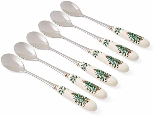 Spode Christmas Tree Collection 3-Piece Cutlery Set, Stainless Steel, Porcelain Handle, Hostess Flatware Serving Set, Holiday Silverware, Meat Fork, Serving Spoon, And Slotted Spoon