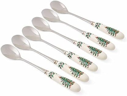 Spode Christmas Tree Collection 3-Piece Cutlery Set, Stainless Steel, Porcelain Handle, Hostess Flatware Serving Set, Holiday Silverware, Meat Fork, Serving Spoon, And Slotted Spoon