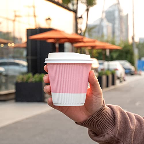  12 Oz Light Pink Paper Ripple Wall Coffee Cup - With White Lid - 3 1/2" X 3 1/2" X 5" - 20 Count Box