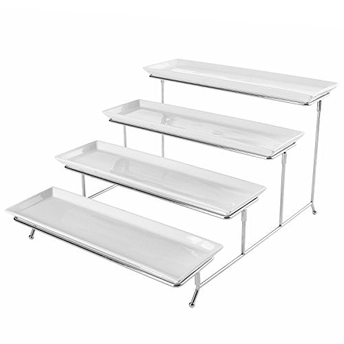  4 Tier White Ceramic Party Serving Platter/Food Display Trays On Chrome Plated Metal Stand