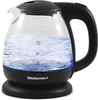  KT1001 Maxi-Matic 1L Glass Electric Tea Kettle Hot Water Heater Boiler BPA-Free With Blue LED Interior Fast Boil And Auto Shut-Off, Black