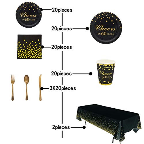  60th Birthday Party Supplies -Serves 20-142 PCS Disposable Tableware Set,Includes Table Cover,Dinner Plates,Dessert Plates,Cups,Napkins,Forks,Knives And Spoons For 60 Years Anniversary Party