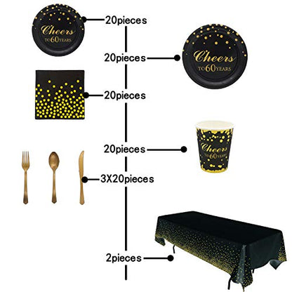 60th Birthday Party Supplies -Serves 20-142 PCS Disposable Tableware Set,Includes Table Cover,Dinner Plates,Dessert Plates,Cups,Napkins,Forks,Knives And Spoons For 60 Years Anniversary Party