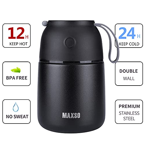  Soup Thermos For Hot Food, 17 Oz Stainless Steel Vacuum Insulated Lunch Container Bento Box With Spoon For Adults, Leakproof Thermal Food Jar For Office Picnic Travel - Black