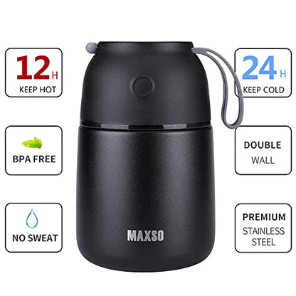  Soup Thermos For Hot Food, 17 Oz Stainless Steel Vacuum Insulated Lunch Container Bento Box With Spoon For Adults, Leakproof Thermal Food Jar For Office Picnic Travel - Black