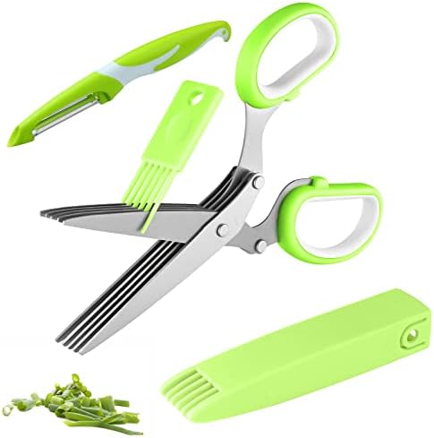  Gourmet Herb Scissors Set - Master Culinary Multipurpose Cutting Shears With Stainless Steel 5 Blades, Herb Stripper, Safety Cover And Cleaning Comb For Cutting Cilantro Onion Salad
