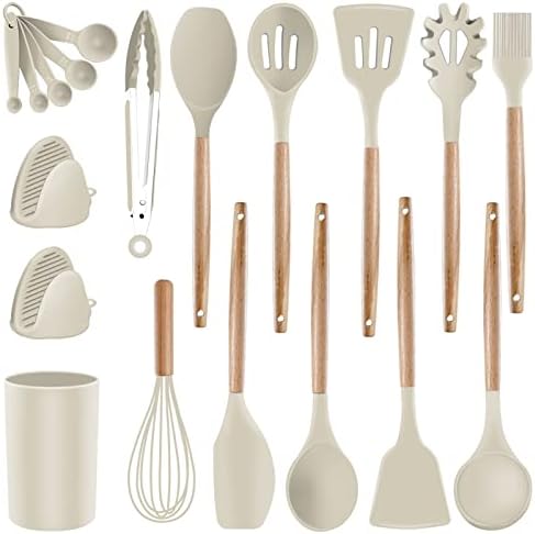  Ilicone Kitchen Utensils Set Cooking Utensils - SZBOB Heat Resistant/Non-stick/Non Toxic/BPA Free Silicon Spoons Spatula Whisk Tongs Wooden Handle Kitchen Utensils Set With Holder (Khaki)