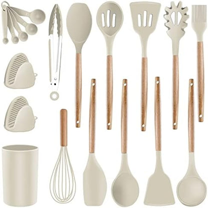 Ilicone Kitchen Utensils Set Cooking Utensils - SZBOB Heat Resistant/Non-stick/Non Toxic/BPA Free Silicon Spoons Spatula Whisk Tongs Wooden Handle Kitchen Utensils Set With Holder (Khaki)