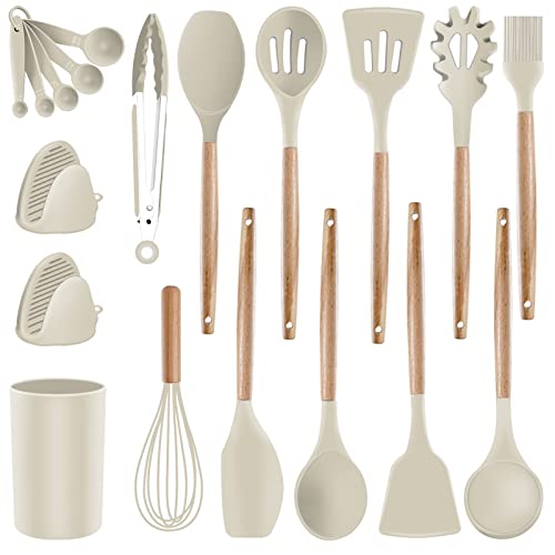  Ilicone Kitchen Utensils Set Cooking Utensils - SZBOB Heat Resistant/Non-stick/Non Toxic/BPA Free Silicon Spoons Spatula Whisk Tongs Wooden Handle Kitchen Utensils Set With Holder (Khaki)