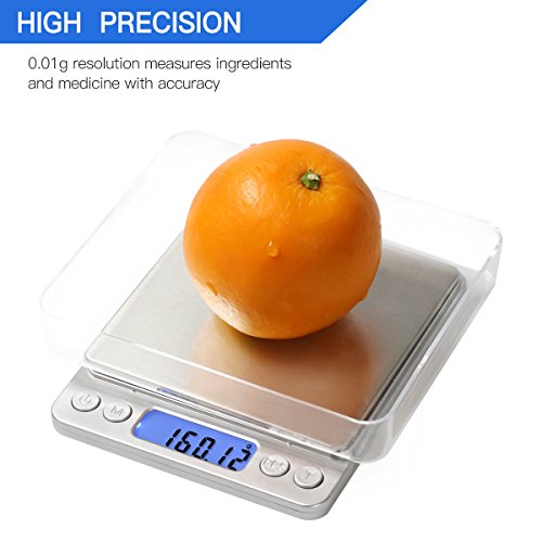  500G/0.01G Digital Kitchen Scale - Tare & PCS Function, 6 Units, Back-Lit LCD, Pocket-Size, Battery Powered - Silver
