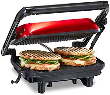 Hamilton Beach Electric Panini Press Grill With Locking Lid, Opens 180 Degrees For Any Sandwich Thickness, Nonstick 8" X 10" Grids, Red (25462Z)